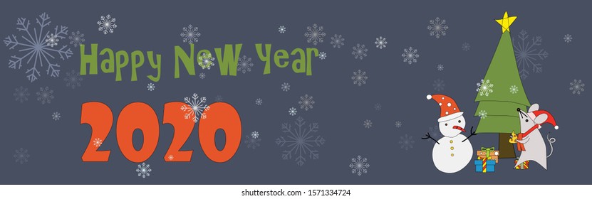 Banner for Christmas and Happy new year 2020 with snow  rat and snowman 
