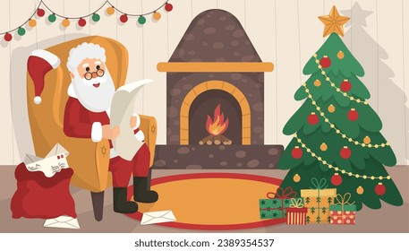 Banner Christmas living room interior with Xmas tree, fireplace, garland, carpet, gift boxes. Santa Claus sits in armchair and reads letter or wish list. Flat cartoon vector illustration.