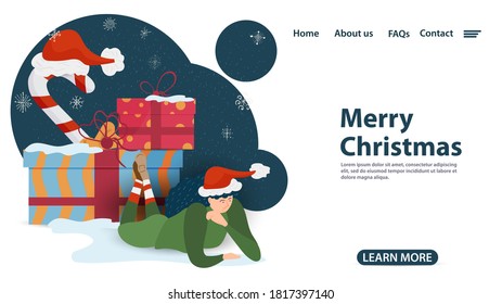 banner for Christmas and new year design, mobile app web pages, assistant elf girl lying near gift boxes, flat vector illustration