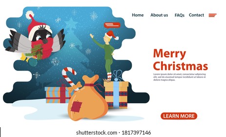 banner for Christmas and new year design, mobile app web pages, assistant elf meets bullfinch bird, flat vector illustration