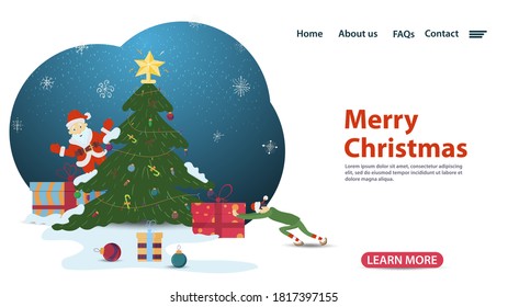 banner for Christmas and new year design, web pages of mobile applications, small people put gifts under the festive tree, flat vector illustration