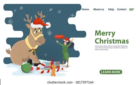 banner for Christmas and new year design, mobile web pages, applications assistant elf looks at a deer in a Santa hat, flat vector illustration