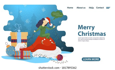 banner for Christmas and new year design, mobile app web pages, little elf sitting on Santas hat and holding a garland, flat vector illustration