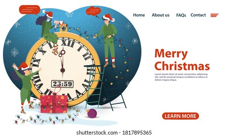 banner for Christmas and new year design, mobile app web pages, small people waiting for the new year for hours, flat vector illustration