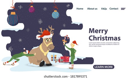 banner for Christmas and new year design, mobile app web pages, little elves pushing a deer that is sitting in the snow, flat vector illustration