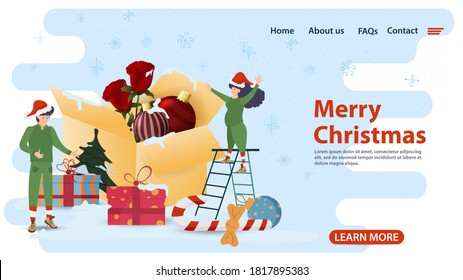 banner for Christmas and new year design, mobile web pages, applications elves stand near an open box with rose flowers and balloons, flat vector illustration