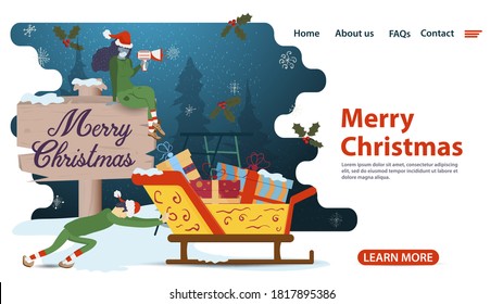 banner for Christmas and new year design, mobile app web pages, little elf pushing Santas sleigh with gifts, flat vector illustration