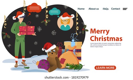 banner for Christmas and new year design, web pages of mobile applications, assistant elf puts carries a gift box, vector illustration