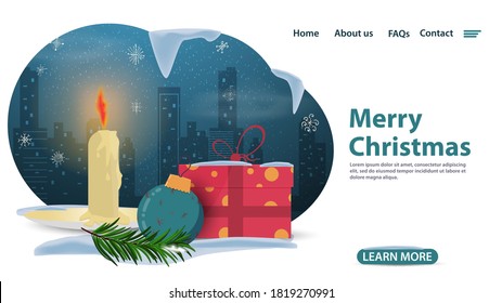 banner for Christmas and new year design, mobile app web pages, burning candle next to a toy ball and a gift box, vector illustration