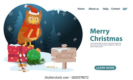 banner for Christmas and new year design, mobile app web pages, owl bird in a hat and scarf sitting on a gift, flat vector illustration