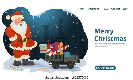 banner for Christmas and new year design, mobile app web pages, Santa Claus sends a truck with gifts, flat vector illustration