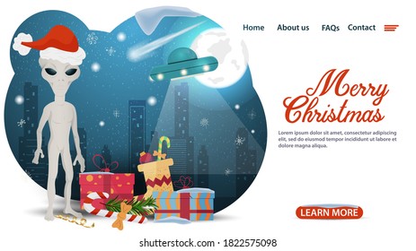 banner for Christmas and new year design, web pages of mobile applications, an Alien in a Santa Claus hat, stands near gifts, UFO on the background of the moon, flat vector illustration