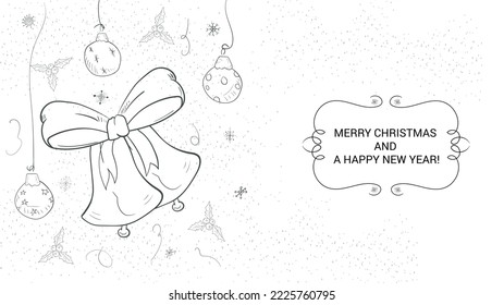 Banner for Christmas and New Year design, contour illustration, Christmas bells among Christmas tree toys