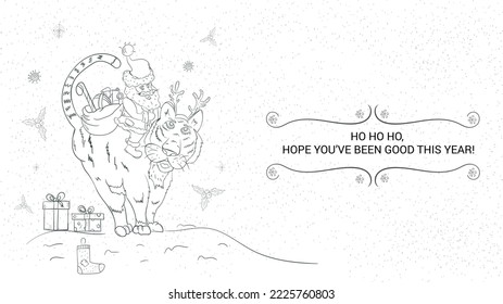 Banner for Christmas and New Year design, contour illustration, Santa Claus with a bag of gifts sitting on a tiger