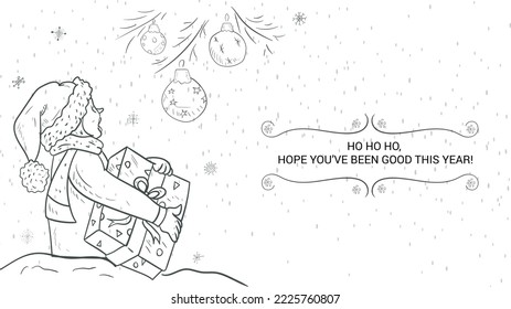 Banner for Christmas and New Year design, contour illustration, A boy with a gift looks at Christmas decorations
