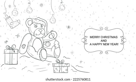 Banner for Christmas and New Year design, contour illustration, Teddy Bear sitting in the snow among the gifts