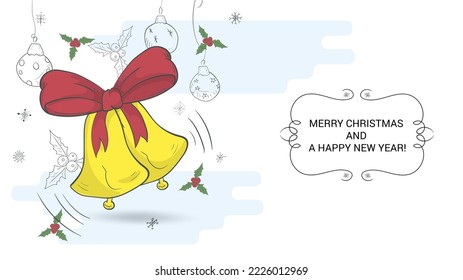 banner for Christmas and New Year design, in the style of childrens doodles, Christmas bells with a red bow