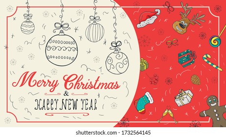 banner Christmas new year outline color sketches for decoration postcard design background style childrens Doodle greeting inscription divided into two halves balls toys vector EPS 10