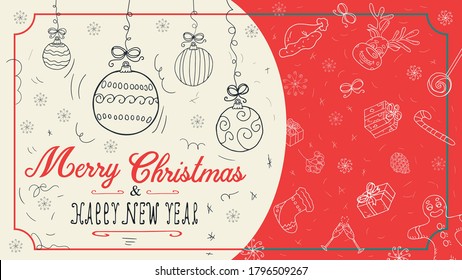 Banner Christmas New Year Outline Sketches For Decoration Postcard Design Background Style Childrens Doodle Greeting Inscription Divided Into Two Halves Balls Toys Vector EPS 10