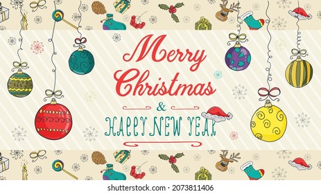 banner Christmas new year outline color sketches for decoration design style childrens Doodle toys balls hanging on strings with a congratulatory inscription in the center vector EPS 10