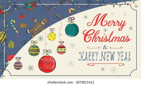 Banner Christmas New Year Outline Color Sketches For Decoration Design Style Childrens Doodle Toys Balls Hanging On The Left On The Threads With A Congratulatory Inscription In The Center 