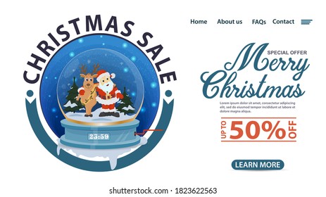 banner Christmas and new year sale, 50 percent discount, design of mobile app web pages, glass ball inside Santa Claus hugs a deer, flat vector illustration