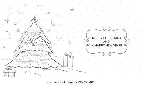 A banner for Christmas and New Years design, contour illustration, a Christmas tree stands among gift boxes