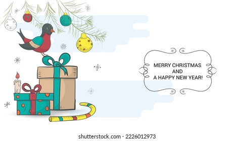 A banner for Christmas and New Years design, in the style of childrens doodles, A bird sitting on boxes with gifts among the branches of a fir tree