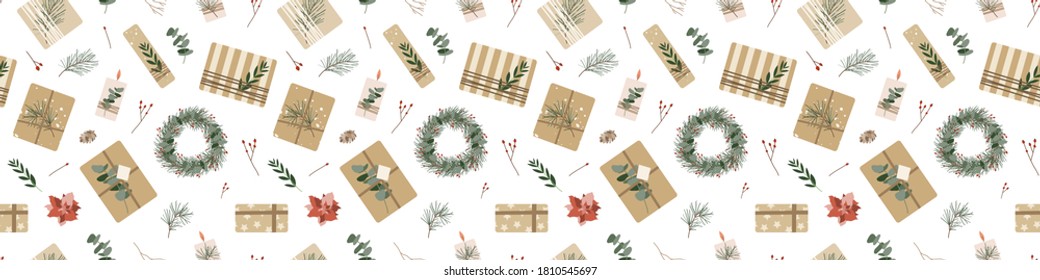 Banner with christmas presents in kraft paper and wreaths. Rustic gift box. Eco decoration, eucalyptus and spruce. Xmas and New 2021 Year celebration preparation. Vector flat seamless pattern