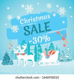Banner for Christmas Sale with 30 Per Sent Discount. White Paper Reindeer and Festive Sledge Full Gift Boxes and Presents. Background with Winter Cityscape, Snowflakes, Decorations and Fir Trees.