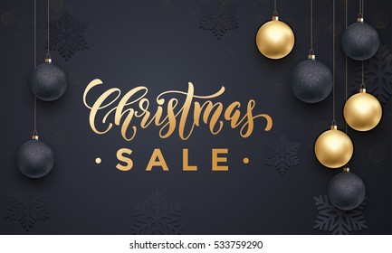 Banner Christmas Sale background golden calligraphy lettering text design. Text with gold glitter balls and snowflakes pattern. Banner or poster shopping store, shop discount poster