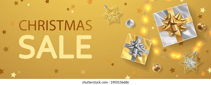 Banner for christmas sale with gold, silver gifts, garland, stars and text on black background. Vector Holiday illustration for postcard, banner, cards, decor, design, arts, advertising.