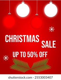 Banner for Christmas sale with the inscription - Christmas sale. Up to 50% off. Bright banner with Christmas balls and snowflakes on a red background
