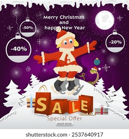 Banner Christmas sale inscription in the form of packages in a snowy clearing, A girl in a Santa Claus costume on skates