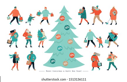 Banner for Christmas sale. People going after shopping, tearing off discount coupons from a Xmas tree.