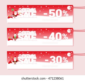 Banner Christmas sale with Santa Claus and text from big letters on snow. Cartoon style. Vector illustration