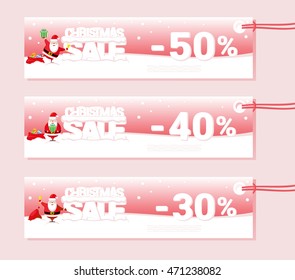 Banner Christmas sale with Santa Claus and text from big letters on snow. Cartoon style. Vector illustration