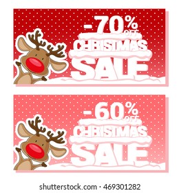 Banner Christmas sale with Santa Deer and text from big letters on snow. Cartoon style. Vector illustration