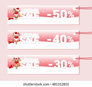 Banner Christmas sale with Santa Deer and text from big letters on snow. Cartoon style. Vector illustration