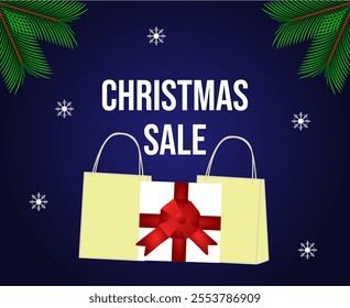 Banner for Christmas sales with the inscription "Christmas sale", gift box and bags. Colorful banner with fir branches and snowflakes on a dark blue background