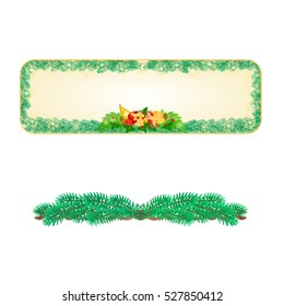 Banner  Christmas Spruce with fruit and pine cones and holly vintage vector illustration