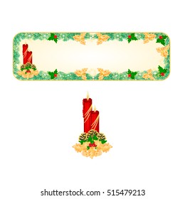 Banner  Christmas Spruce with red candlestick and pine cones and gold holly vector illustration