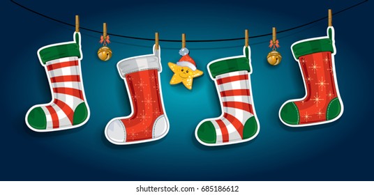 Banner Christmas Stockings on Blue Background-transparency blending effects and gradient mesh-EPS 10