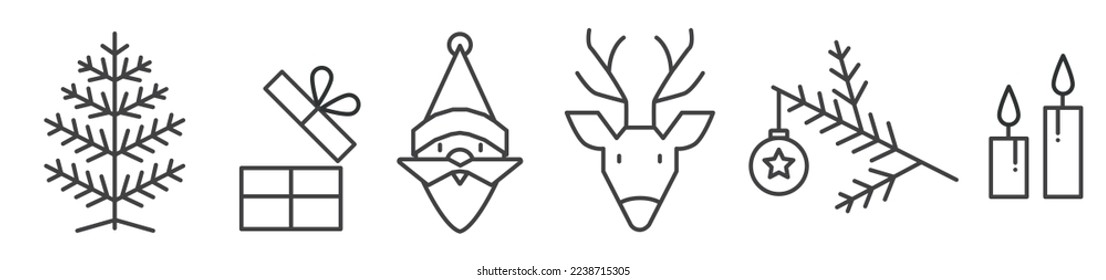 Banner of Christmas stroke and outline icons. Set of Winter Holiday vector icons. Christmas tree, gift, Santa Claus, Reindeer, fir, candle