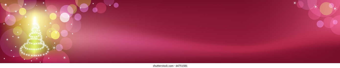 Banner With Christmas Tree With Bokeh And Stars, On Crimson Background, Vector Illustration