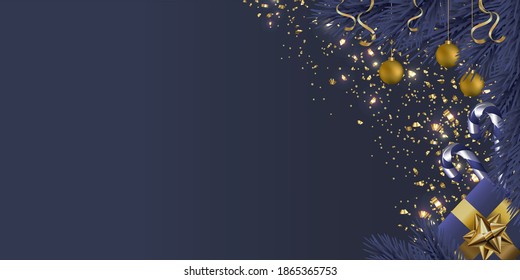 Banner with christmas tree garland and ornaments. Hanging gold and red balls and ribbons. Great for flyers, posters, headers, banner. Vector illustration