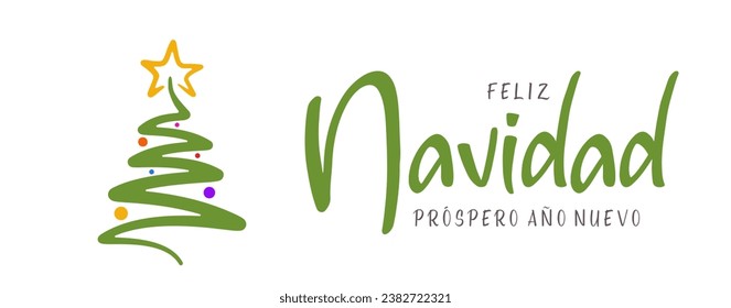 Banner with christmas tree. Merry Christmas and Happy New Year lettering in Spanish (Feliz Navidad y próspero año nuevo)