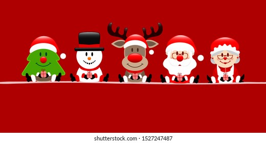 Banner Christmas Tree Snowman Reindeer Santa And Wife Red