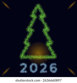 A banner with a Christmas tree and the year 2026 in a festive style. A symbol of the festive season. New Year's design made of tinsel