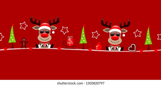 Banner Christmas Two Reindeers Sunglasses With Gift And Icons Red